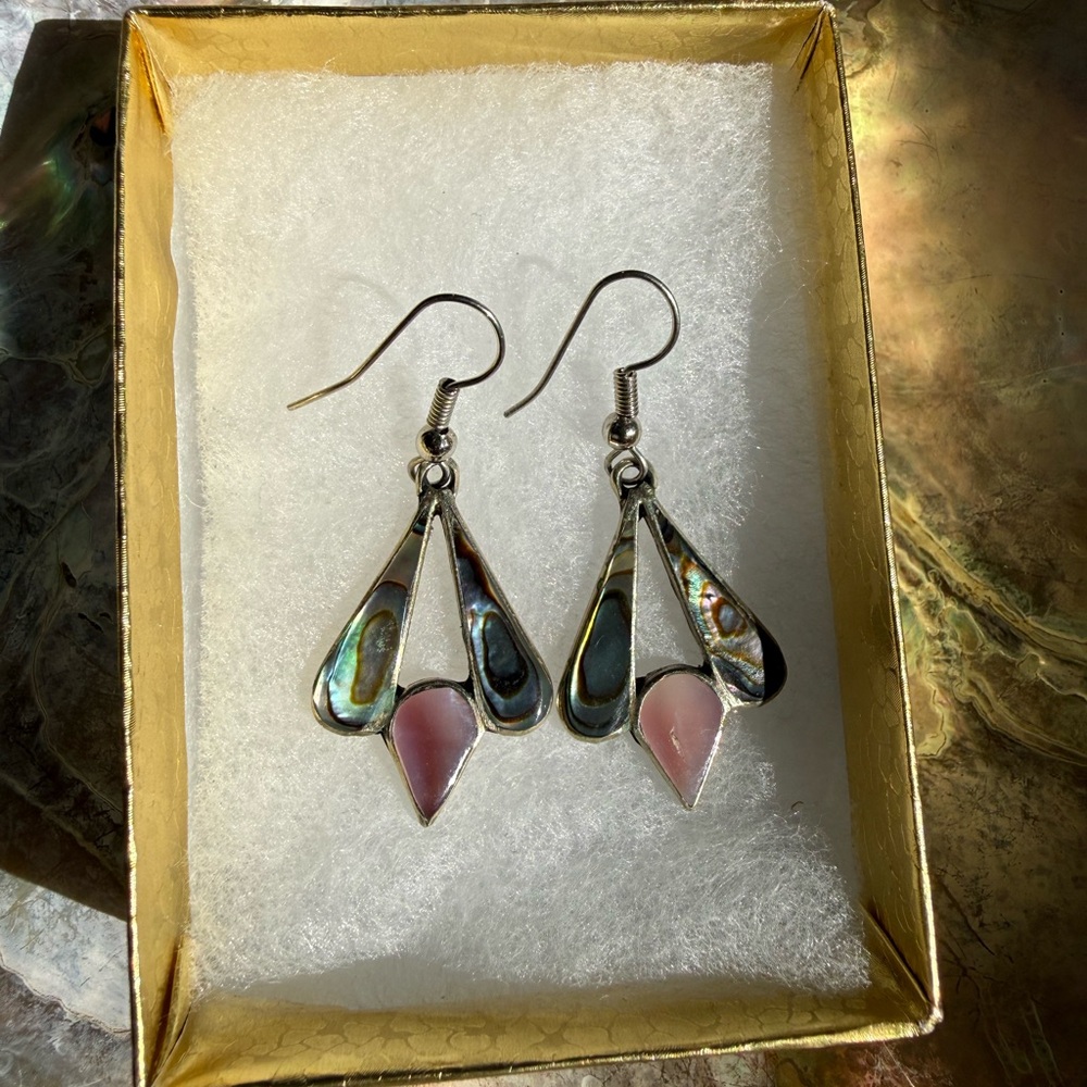 Elegant Vintage Silver & Pink Teardrop Earrings with Abalone and Mother of Pearl